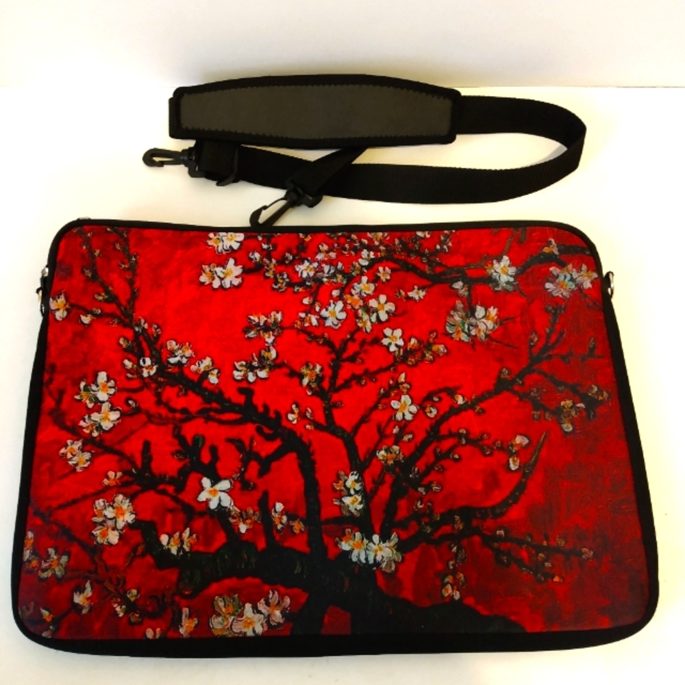 Meffort INC Red Black Fabric Oriental Print Zip Shoulder Laptop Travel Bag